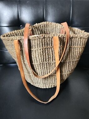 African Woven Sisel Jute Leather Strap Large Market Tote Purse Bag Vintage